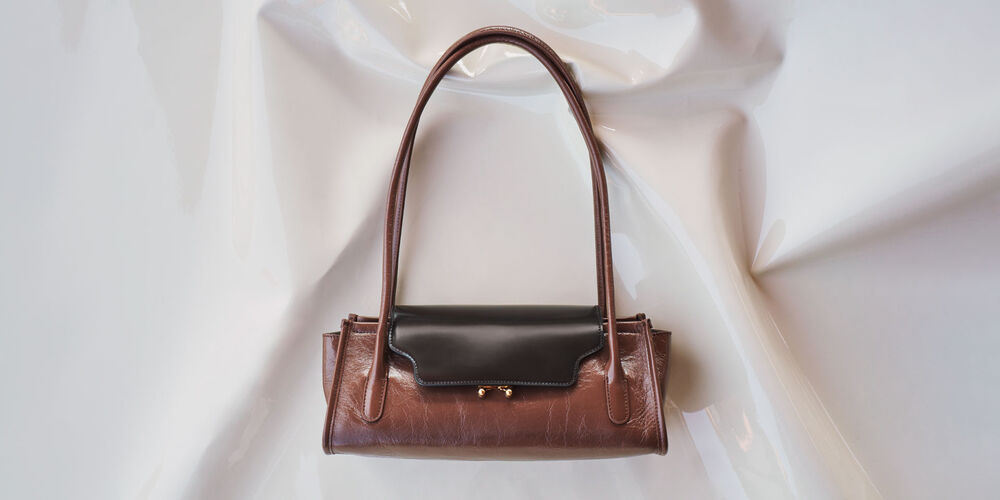 Brown Marni Trunkette bag with contrasting flap and long tubular handles