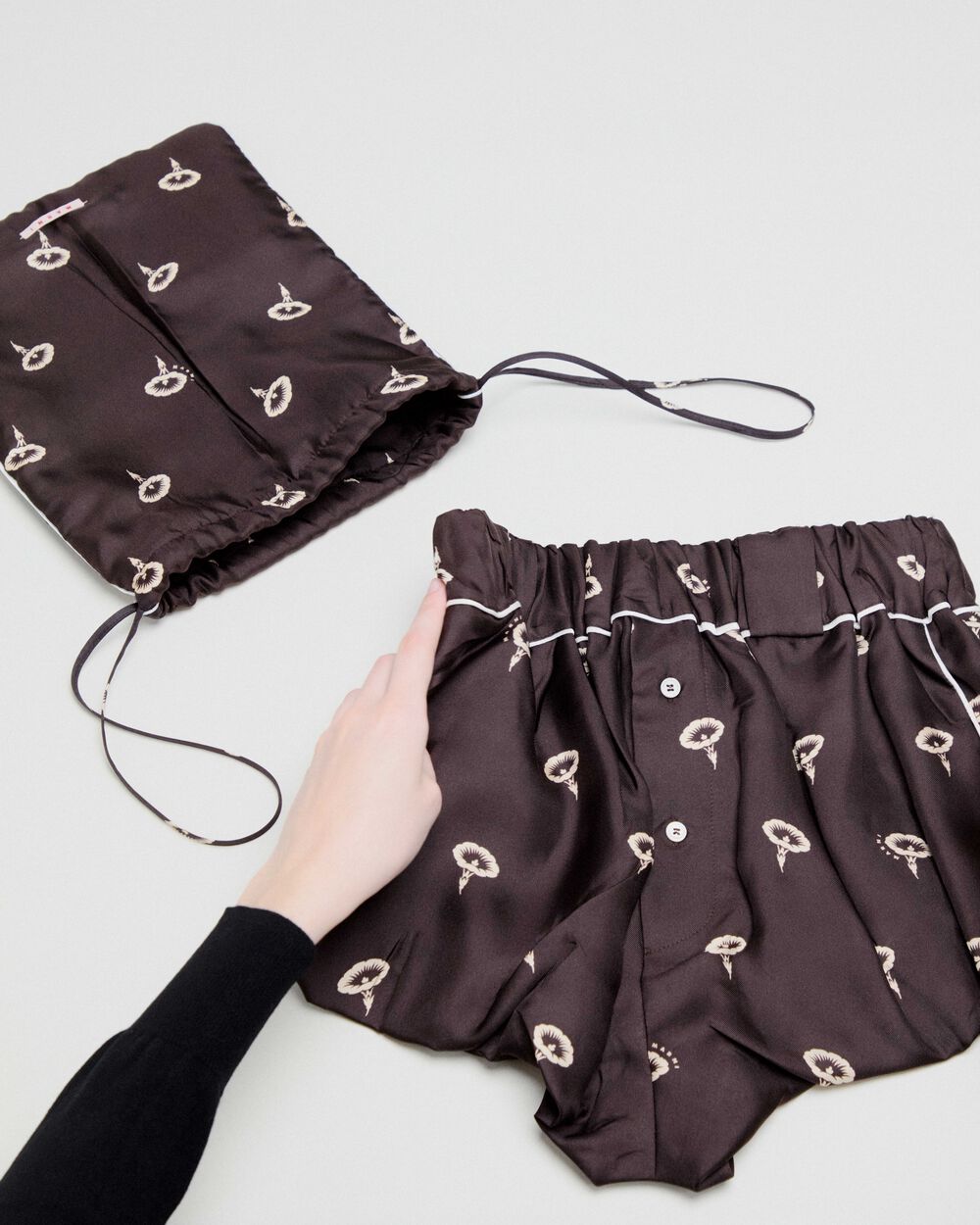 Brown silk twill bloomers with floral print