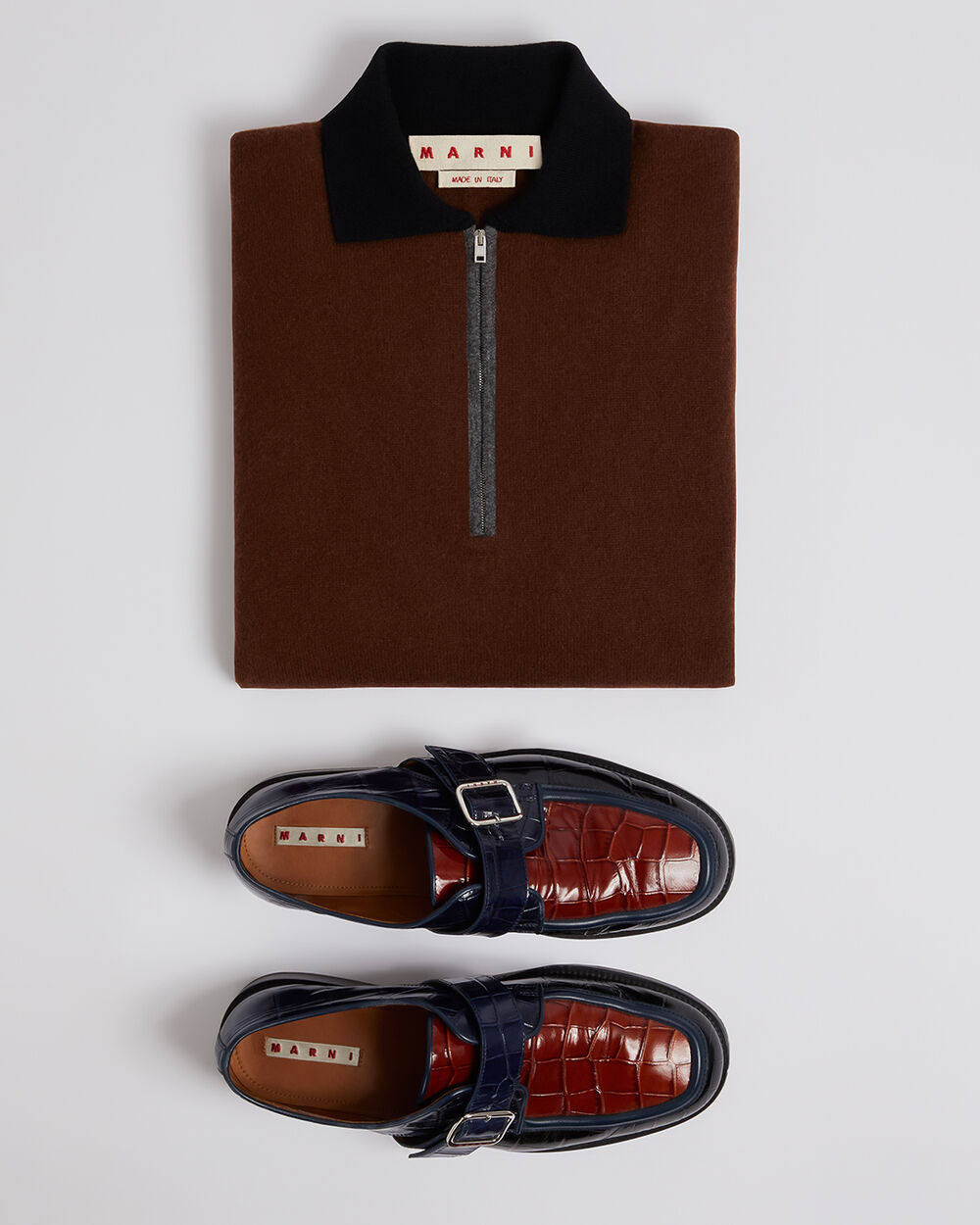 Men&rsquo;s Marni brown polo sweater paired with bicolor leather loafers