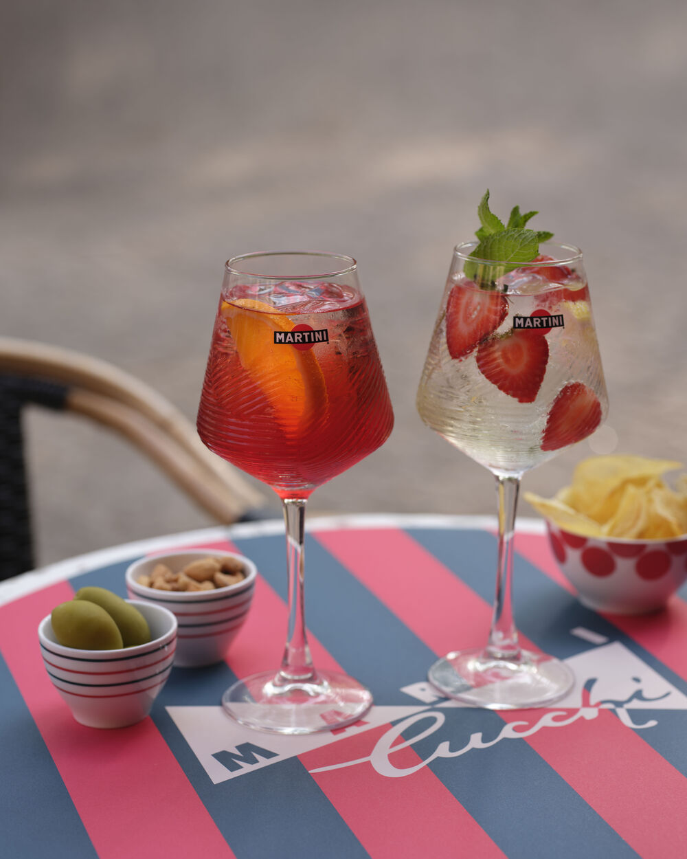 Two Martini cocktails on a Marni Cucchi table served as aperitivo