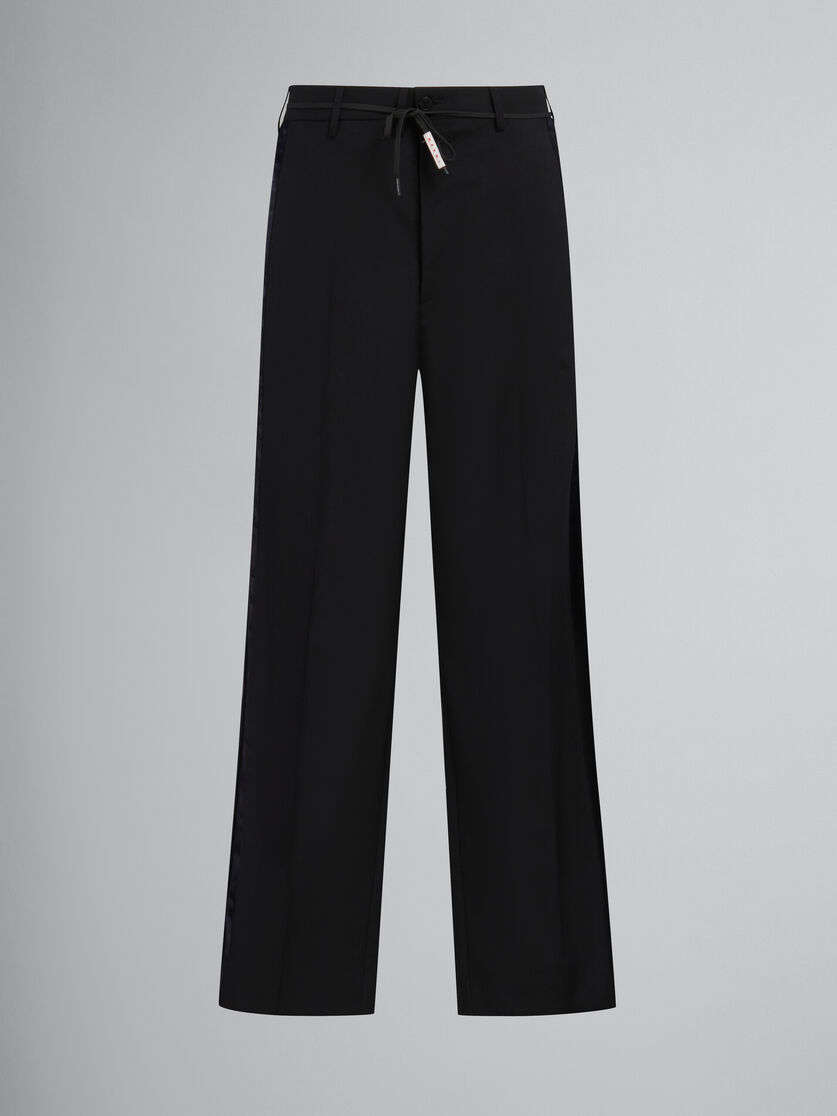 Pantalones negros de lana tropical con rayas de satén - Pantalones - Image 1