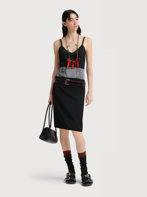 Black wool dress with satin waist - Dresses