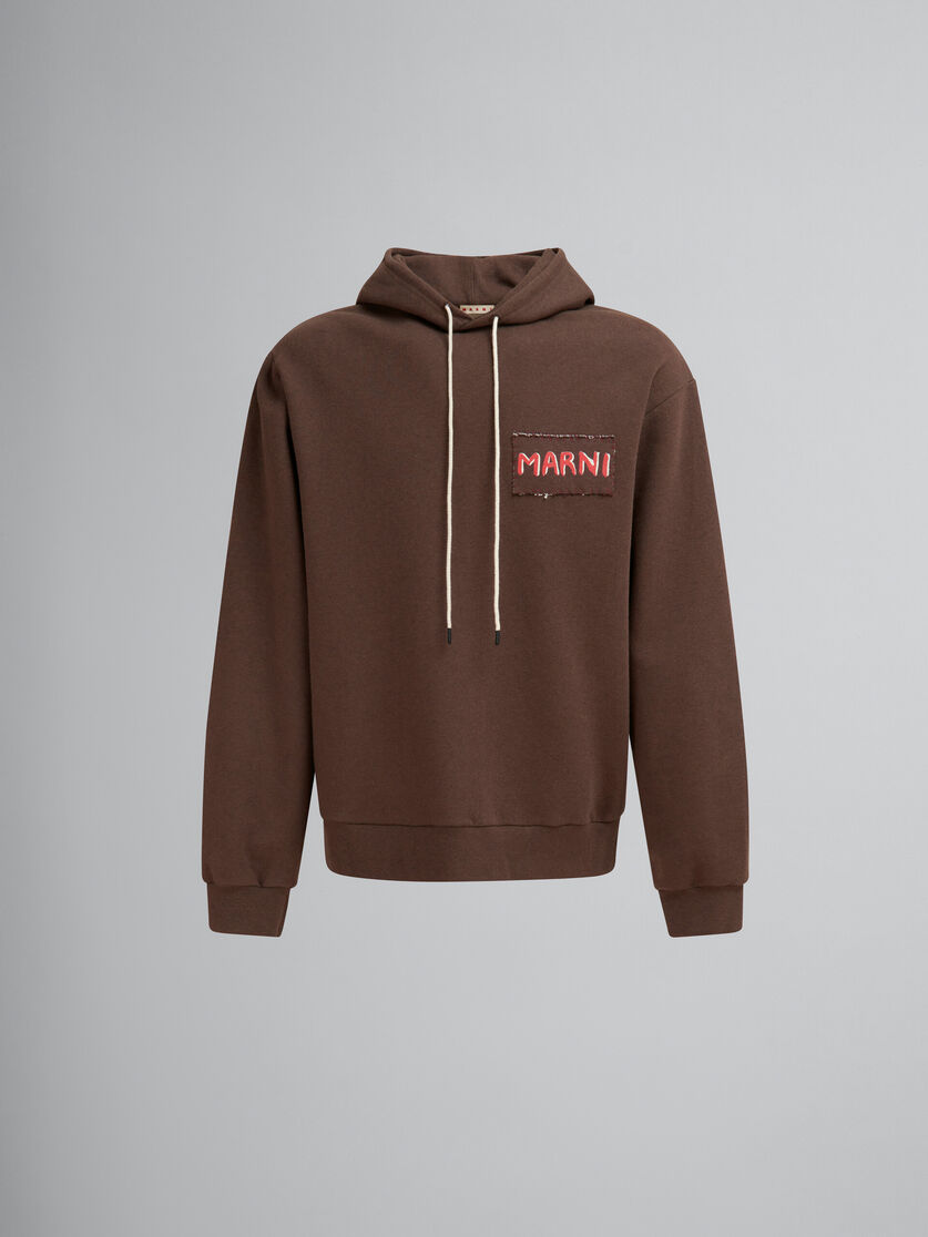 Brown melange cotton hoodie with Marni patch | Marni