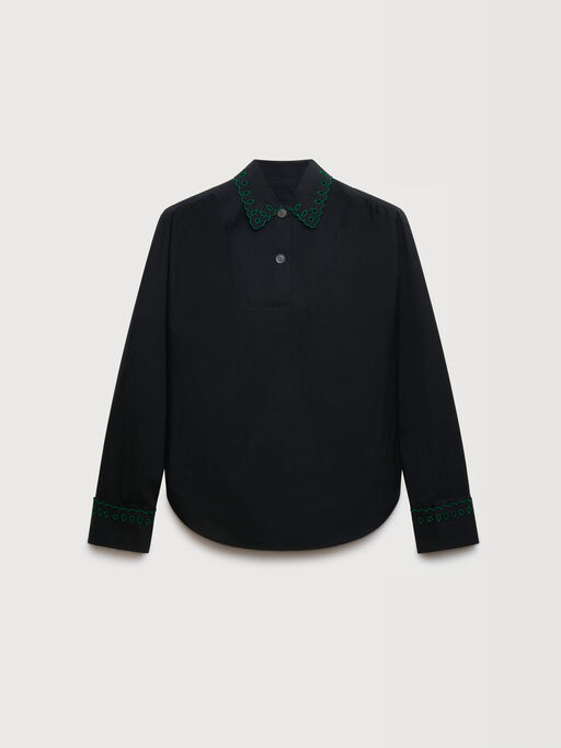 Black poplin half-button shirt with broderie anglaise - Shirts