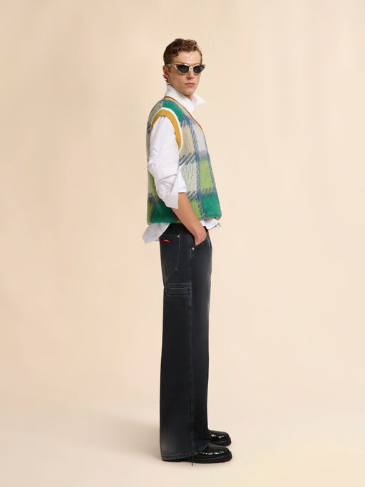 Green checked mohair vest with striped trims - Pullovers