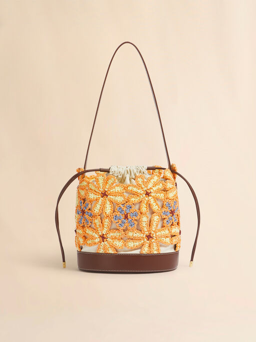 Yellow paper raffia flower Seaside bucket bag - Shoulder Bags