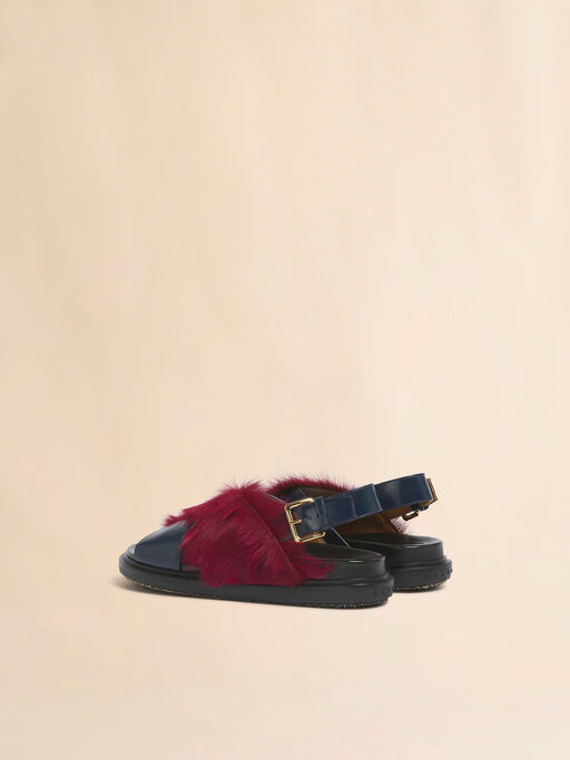 Blue and burgundy leather and long-hair Fussbett - Sandals