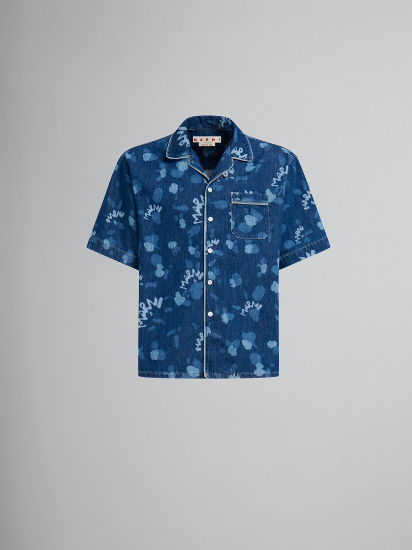 Camicia bowling in denim blu con stampa Marni Dripping - Camicie - Image 1