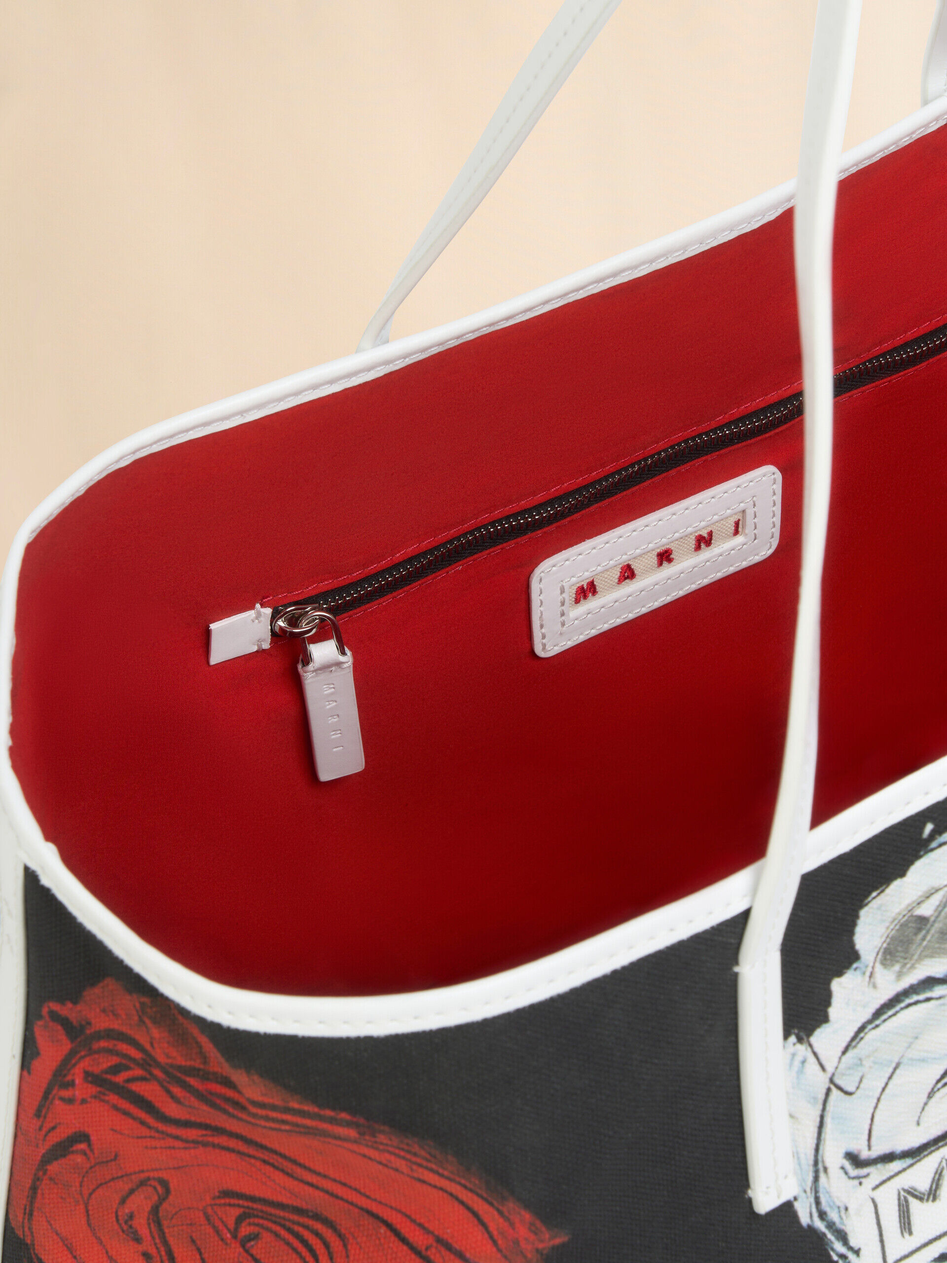 Black white and red reversible Janus shopping bag with