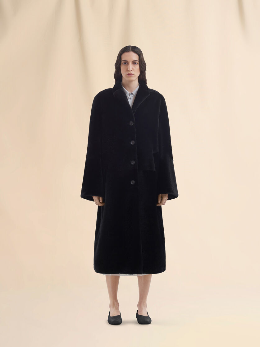 Black shaved shearling coat with padded shoulders - Coat - Image 1