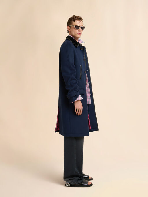 Deep blue felt duster coat with contrast collar - Coats