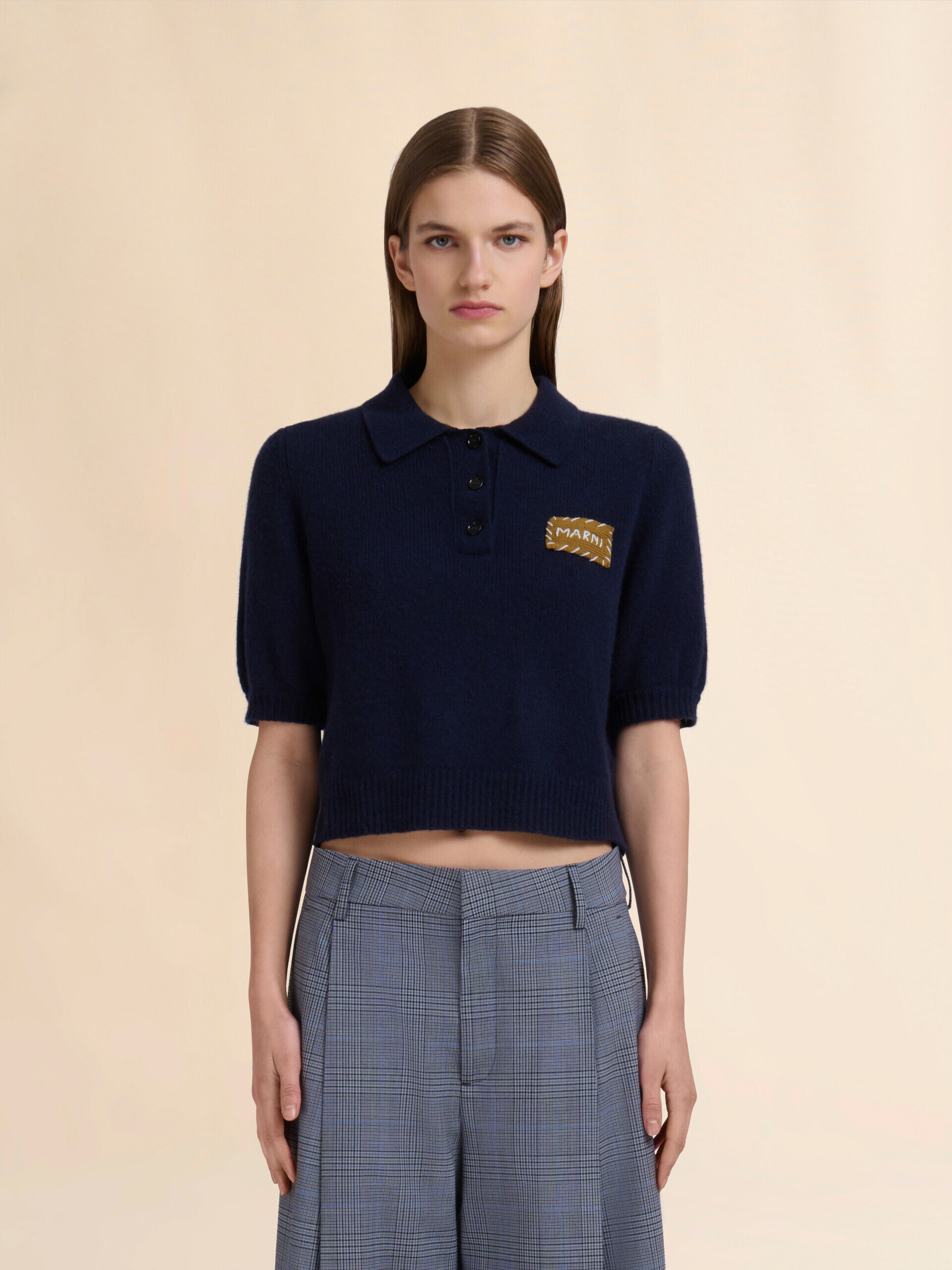 Deep blue cashmere polo sweater with Marni appliqué | Marni
