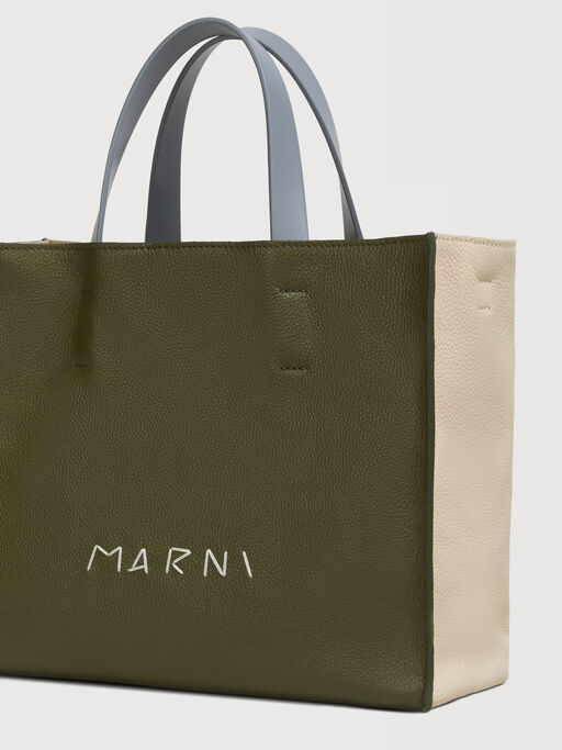 Deep green cream and blue leather Museo Soft tote bag with Marni Mending - Shopping Bags