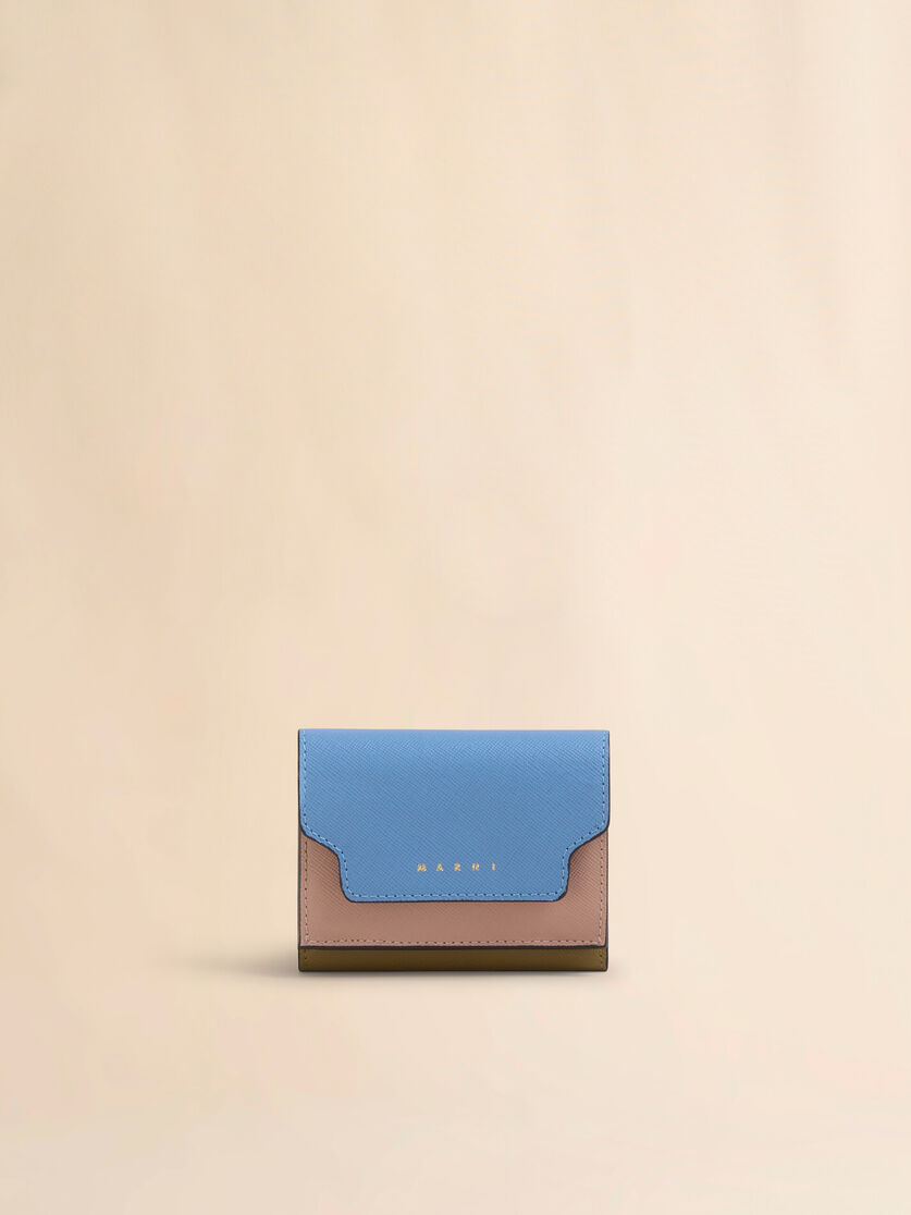 Trifold wallet in blue, cream and brown saffiano leather - Wallets - Image 1