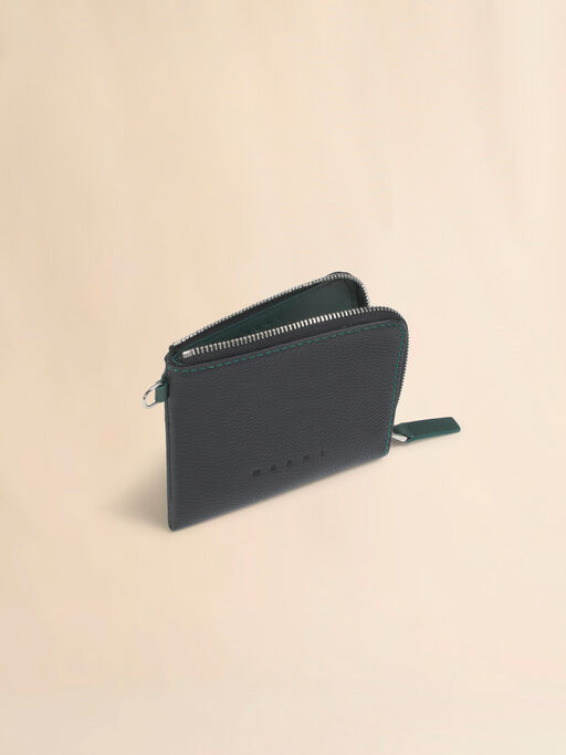 ブラック レザー製ラウンドファスナーウォレット、コントラストステッチ入り - 財布