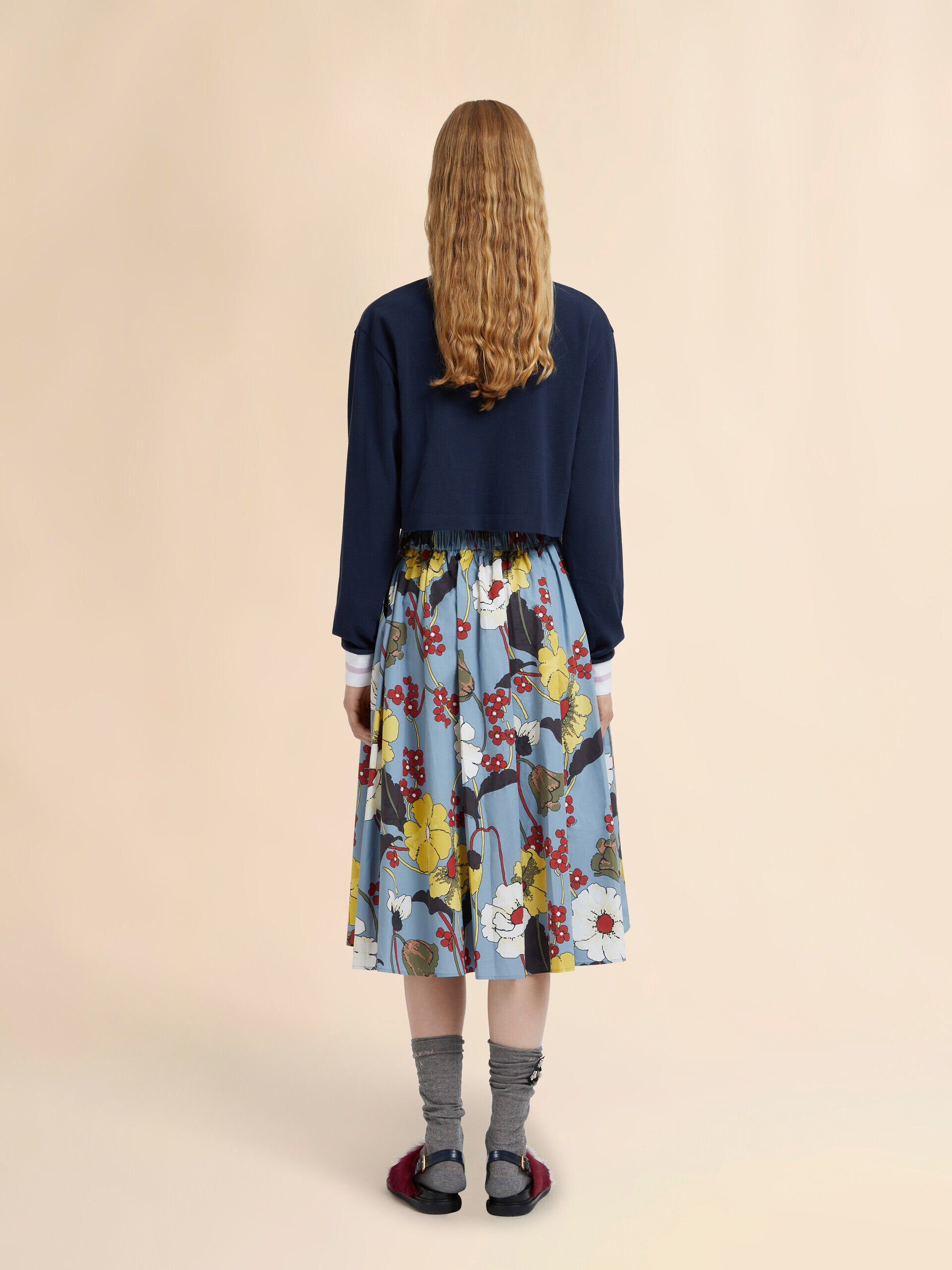 Blue poplin elasticated midi skirt with Melodia print | Marni