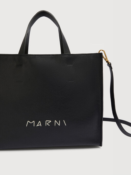 Black leather Museo Soft tote Bag with Marni Symbol embroidery - Shopping Bags