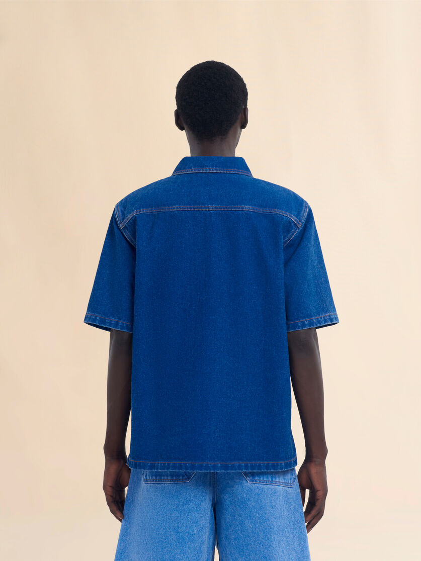 Blue oversize organic denim polo shirt with Marni Symbol - Shirts - Image 3