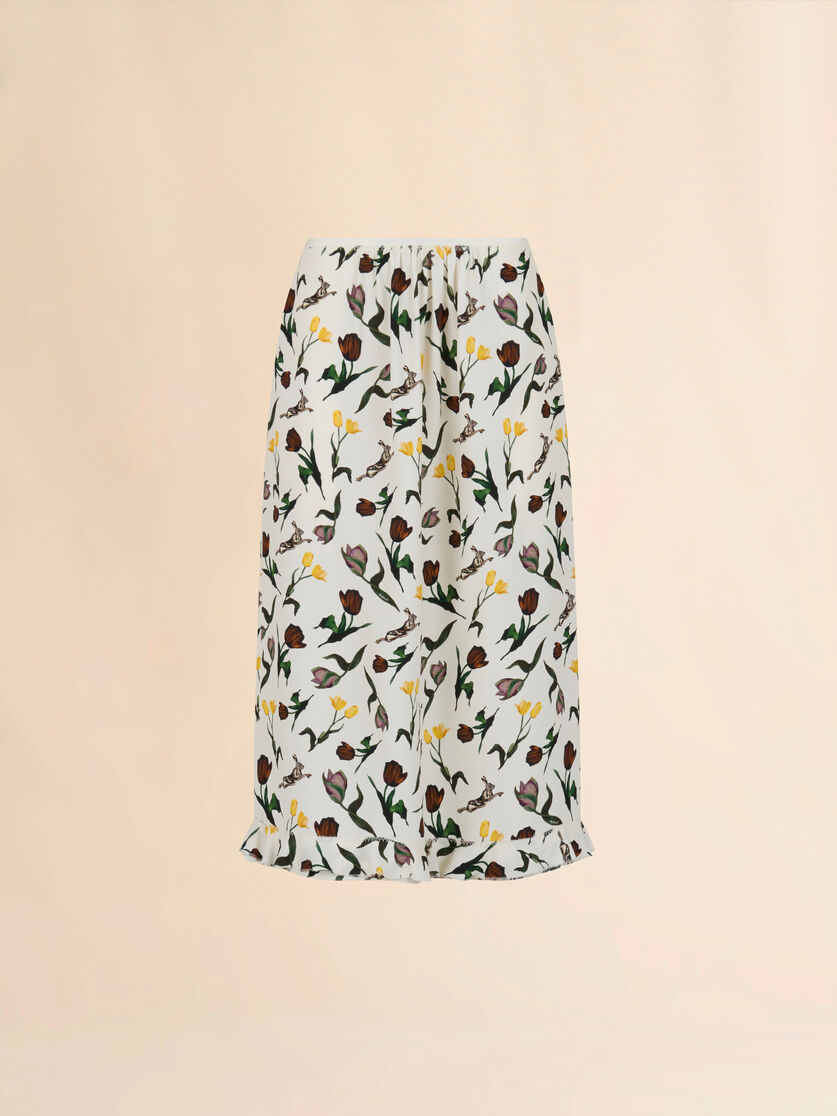 Cream envers satin midi skirt with Tulips and Hares print - Skirts - Image 1