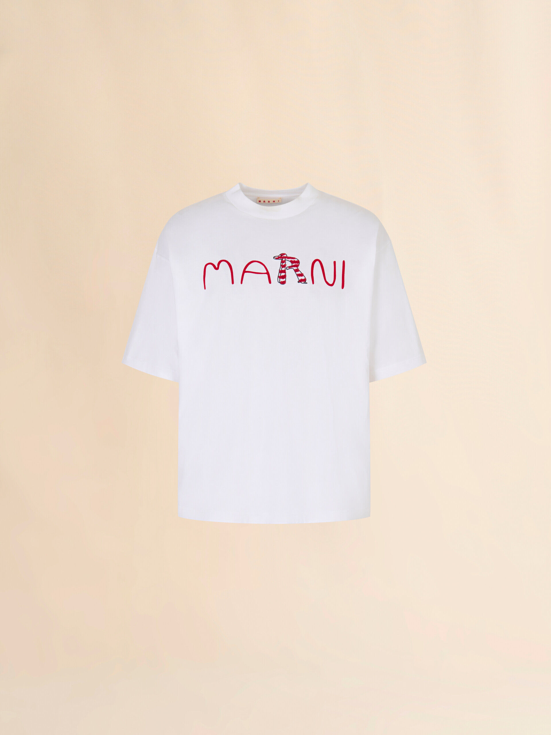 White cotton T-shirt with flocked Marni Animal Alphabet logo | Marni