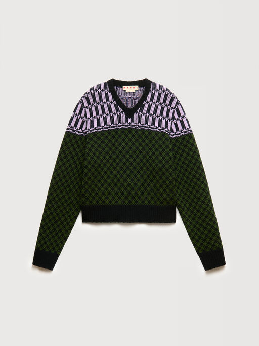 Green wool jumper with geometric motif - Pullovers
