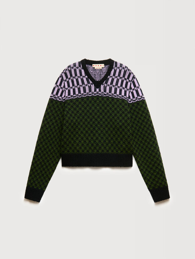 Green wool jumper with geometric motif - Pullovers