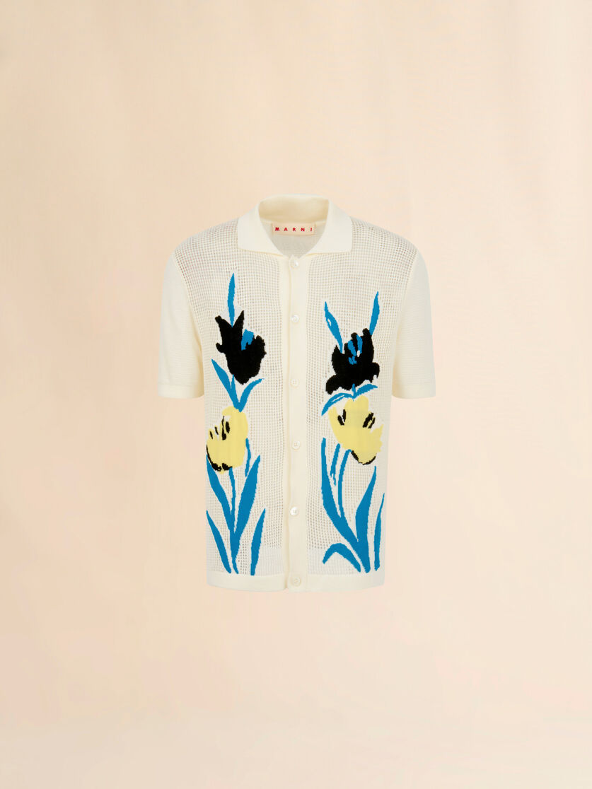 クリーム コットン製メッシュカーディガン、フローラルインターシャ, Image 1