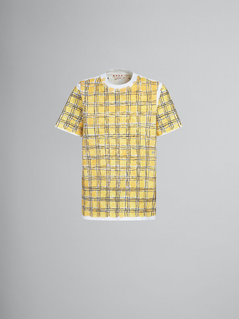 Yellow bio cotton T-shirt with irregular checked print - T-shirts - Image 1