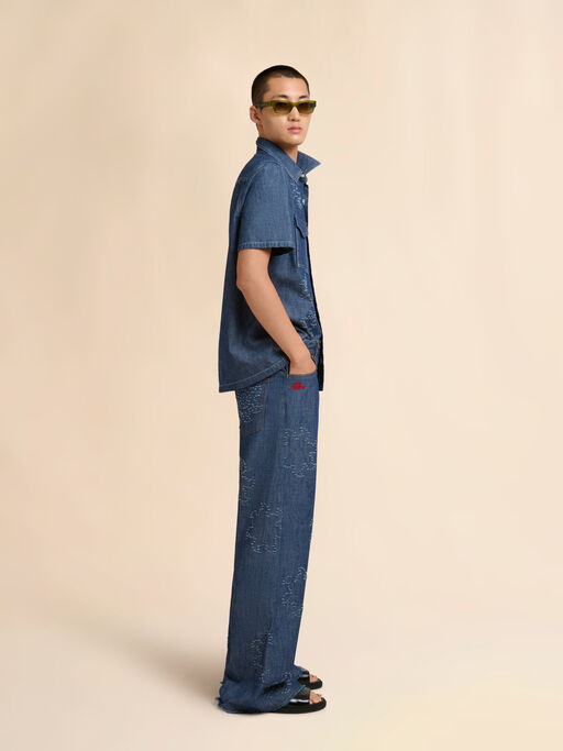 Blue chambray jeans with frayed sun motif - Pants