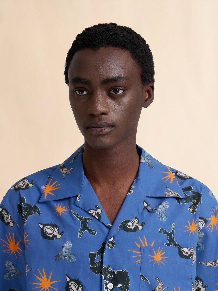 Blue poplin bowling shirt with Wolves, Ravens and Doves print - Shirts - Image 4