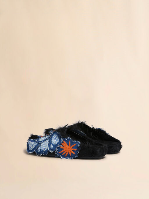 Black long hair calfskin Fussbett sabot - Clogs