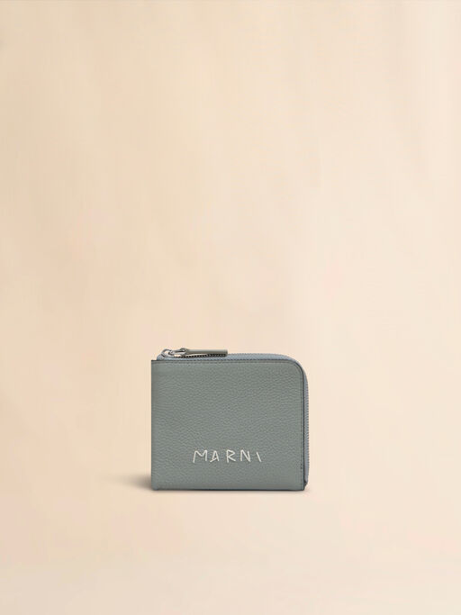 Grey leather zip-around wallet with Marni Mending embroidery - Wallets
