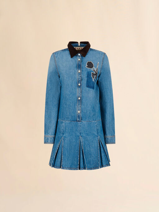 Blue denim mini dress with pleated skirt - Dresses
