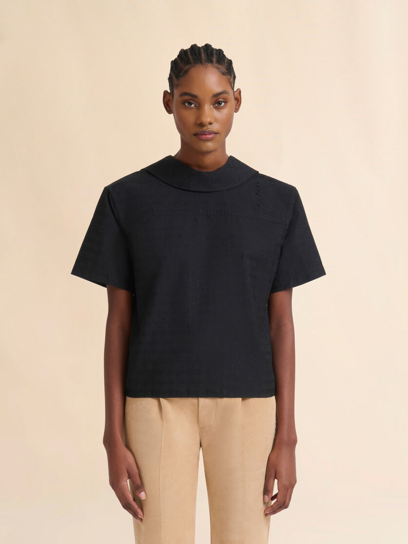 Black cotton-viscose back-to-front shirt top with check and dots jacquard motif - Shirts - Image 2