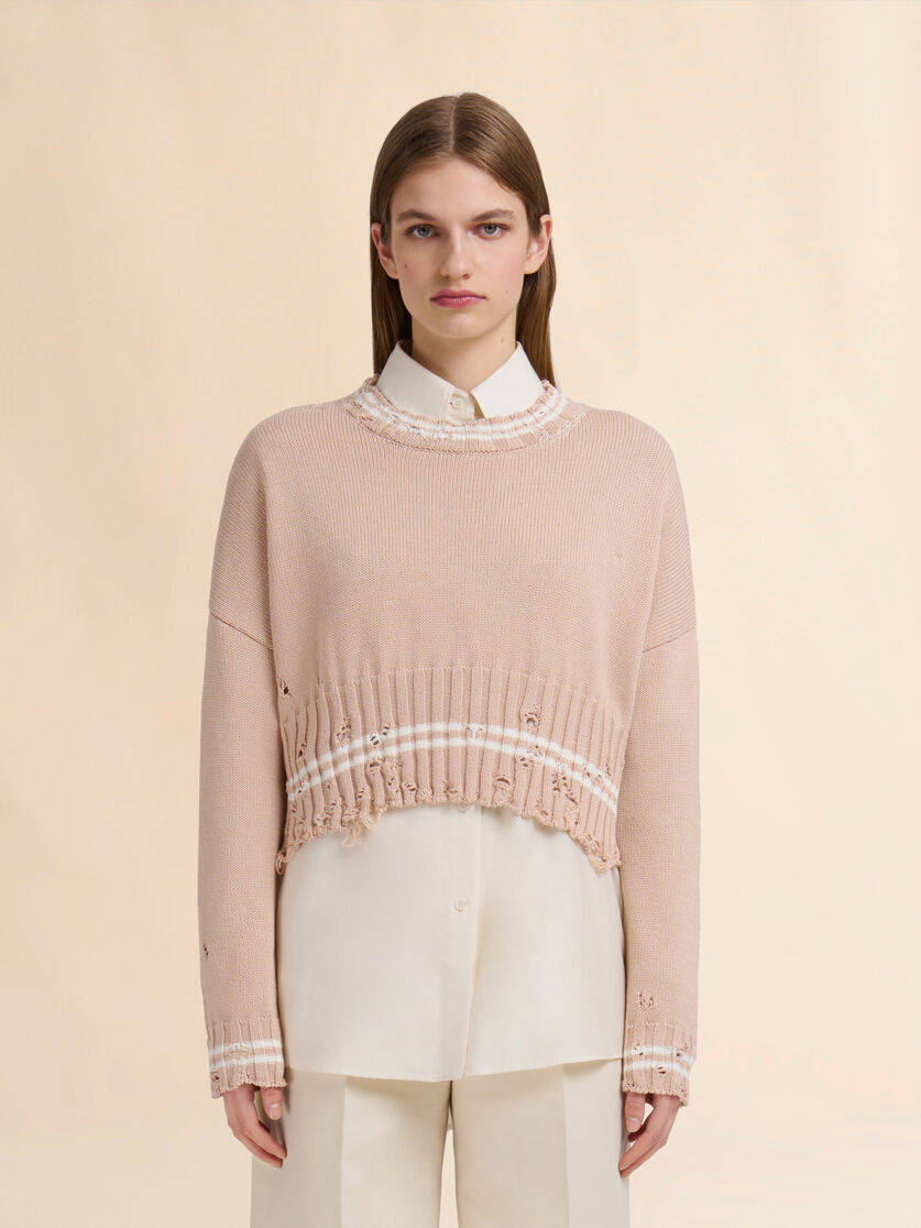 Beige dishevelled cotton jumper - Pullovers - Image 2