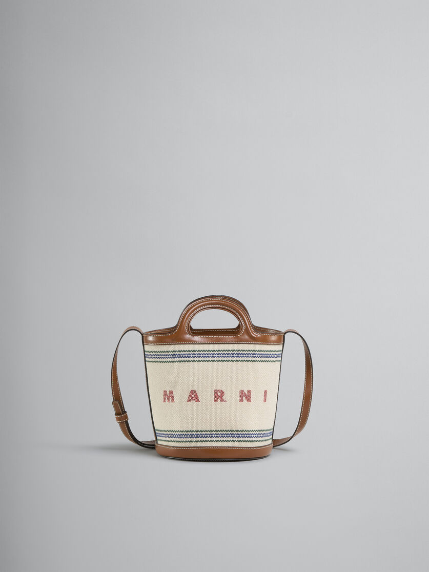 Tropicalia Small Bucket Bag in brown leather and striped canvas 