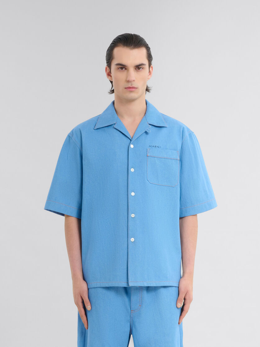 Chemise de bowling en denim bleu avec logo effet raccommodé Marni - Chemises - Image 2