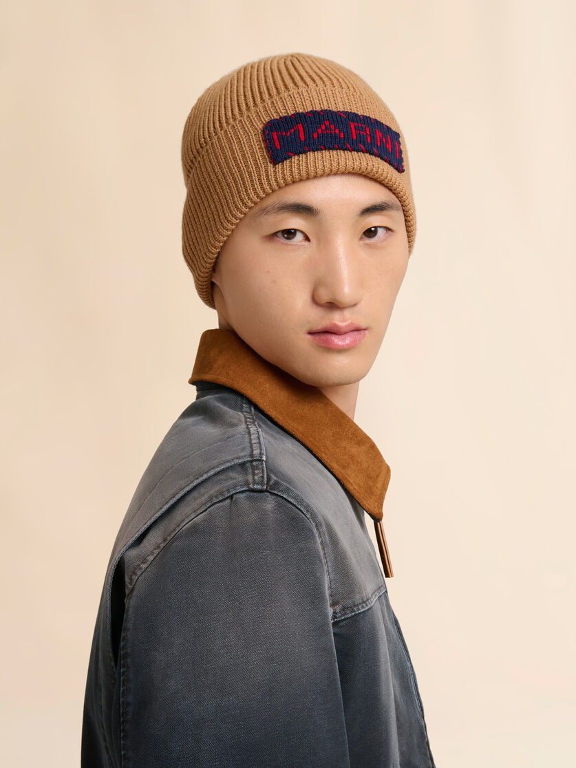 Tan wool fisherman's rib beanie with Marni patch, Image 2