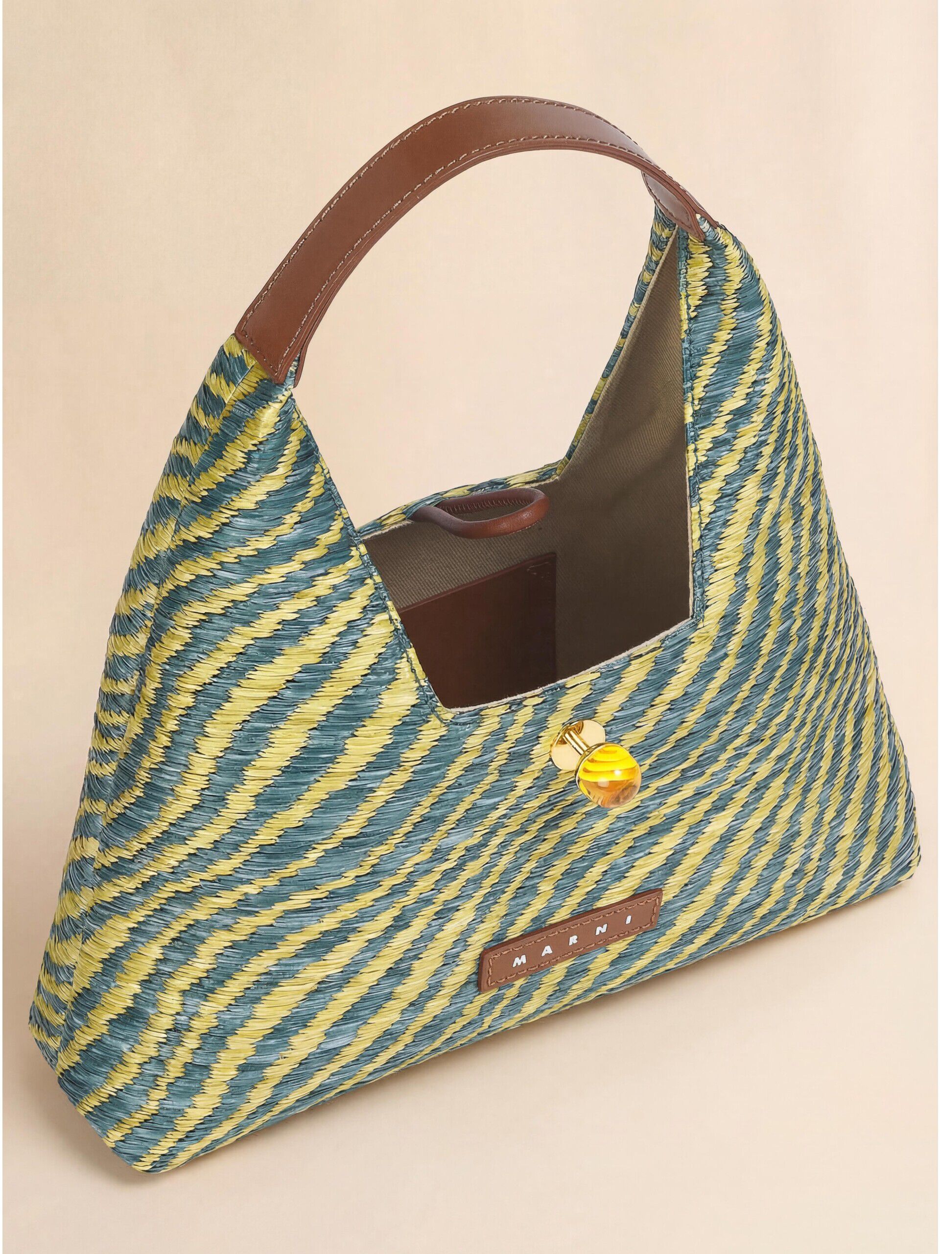 Green wavy raffia-effect Trapeze mini top handle bag | Marni
