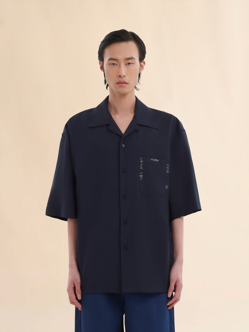 Deep blue tropical wool bowling shirt with Marni Mending - Shirts - Image 2