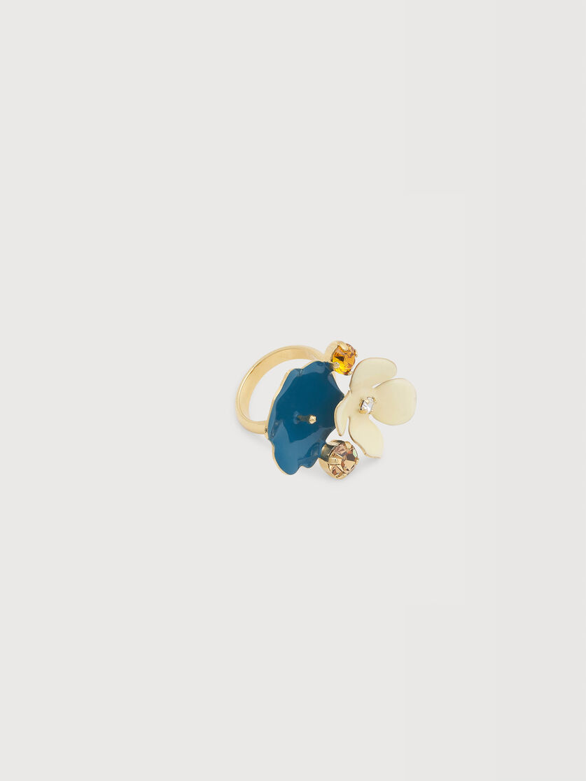 Blue and cream enamel flower ring with rhinestones, Image 1