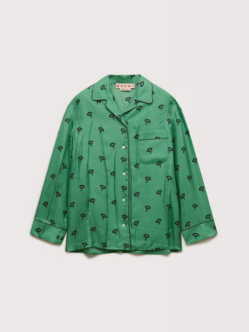 Green silk twill pyjama shirt with floral print - Shirts