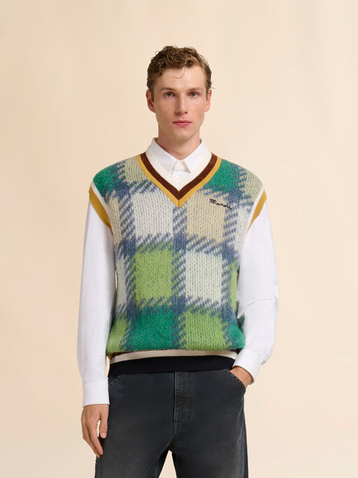 Green checked mohair vest with striped trims - Pullovers