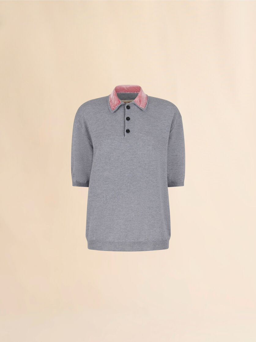 Grey wool polo shirt with velvet collar - Shirts - Image 1