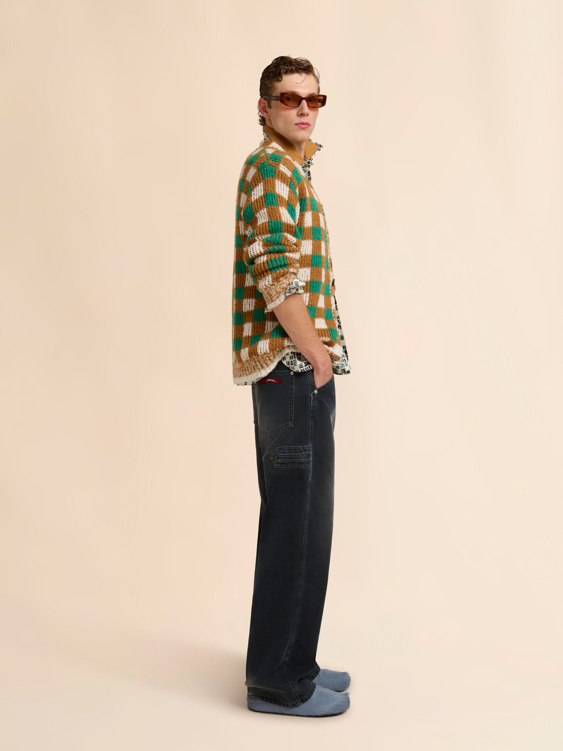 Green wool and mohair cardigan with checkerboard motif | Marni