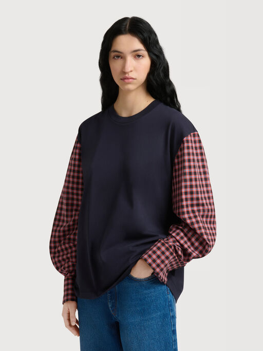 Deep blue cotton T-shirt with checked shirt sleeves - T-shirts