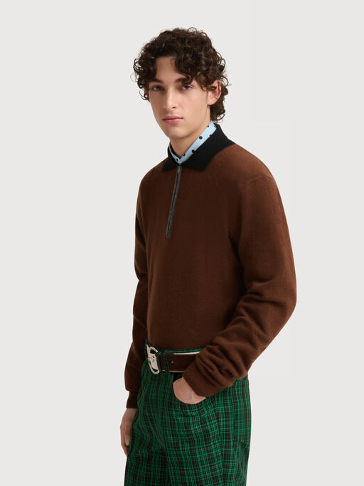 Brown cashmere polo jumper with layered effect - Shirts