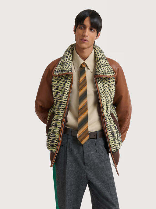 Yellow and light green cotton-wool knit jacket with leather sleeves - Jackets