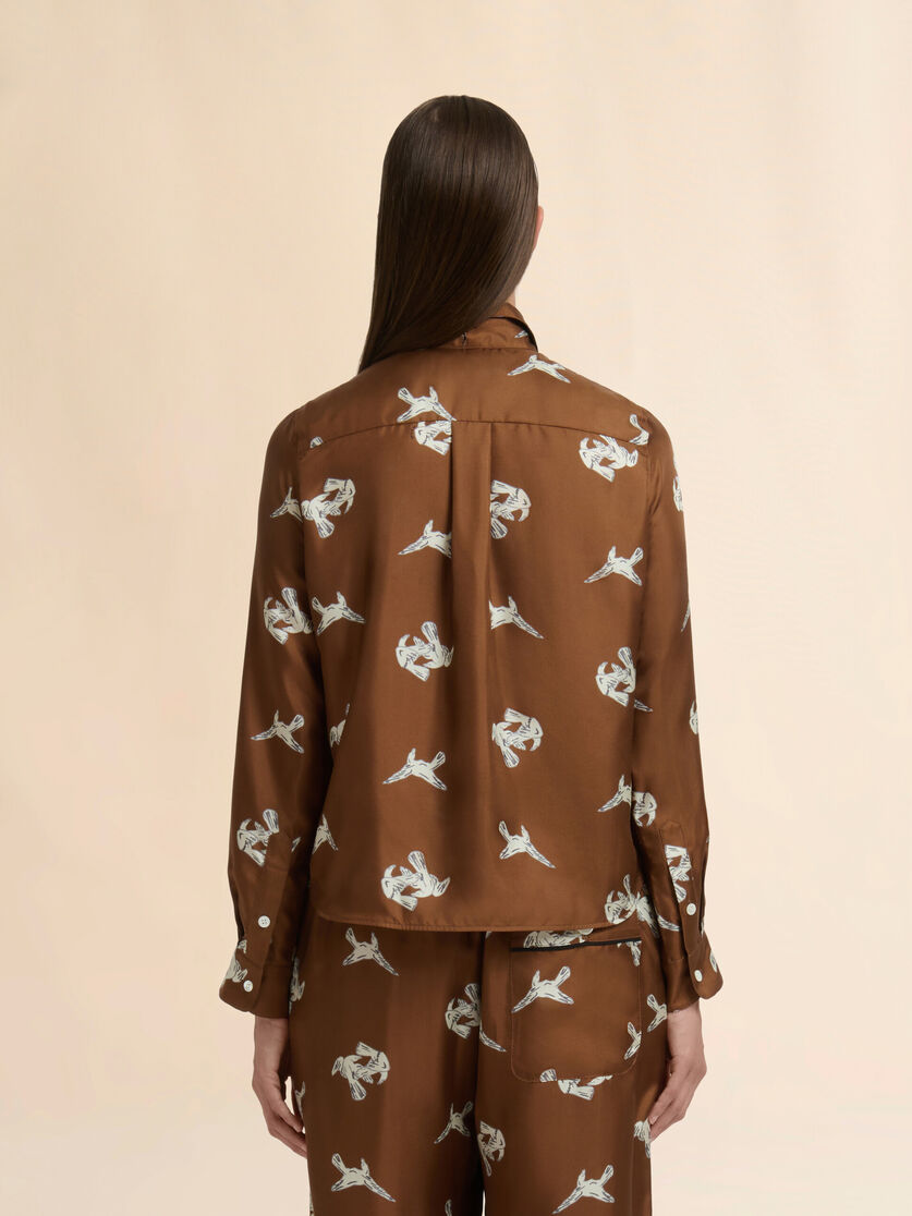 Brown silk twill shirt with raven print - Shirts - Image 3