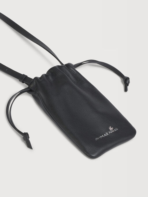 ブラック レザー製ドローストリング付きスマホホルダー、マルニメンディング入り - ウォレット＆レザー小物
